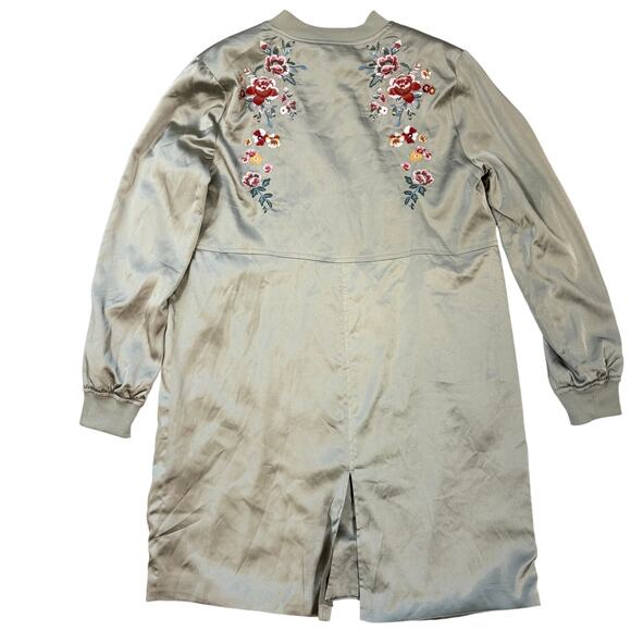Floral Embroidered Satin Long Line Bomber Jacket Duster Coat Women's S - Picture 4 of 8